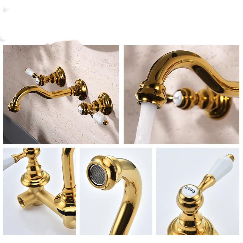 Classical Basin Faucets Gold Bathroom Sink Faucets Hot Cold Wall Mounted Ceramic Handle Mixer Water Tap Top High Quality