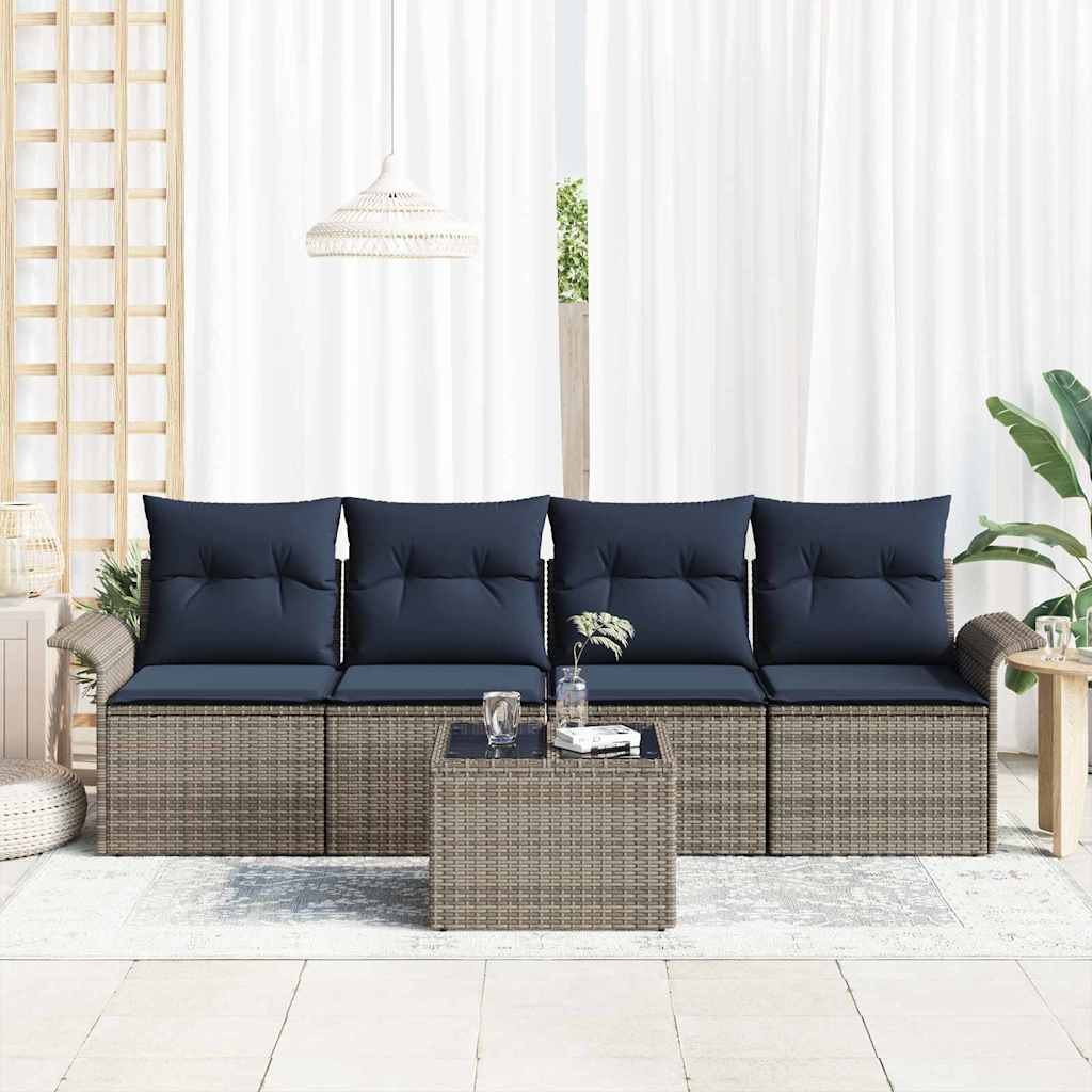 5 Piece Sofa Set with Cushions Grey Poly Rattan