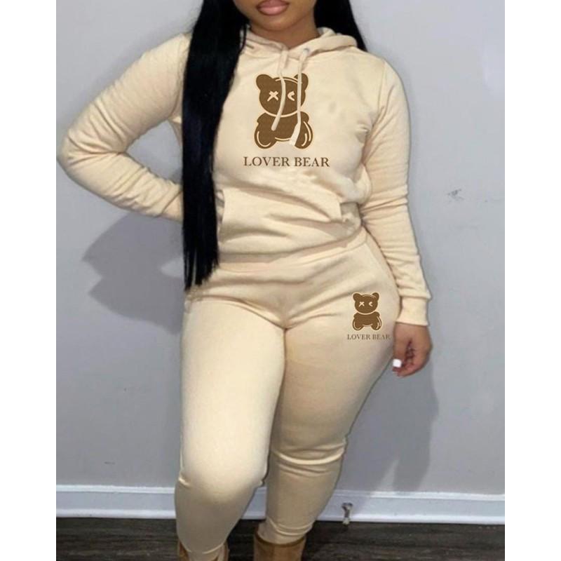 Womens Comfortable Hooded Sweatshirt Jogger Pants Set With Bear Print Color-Block Design Streetwear