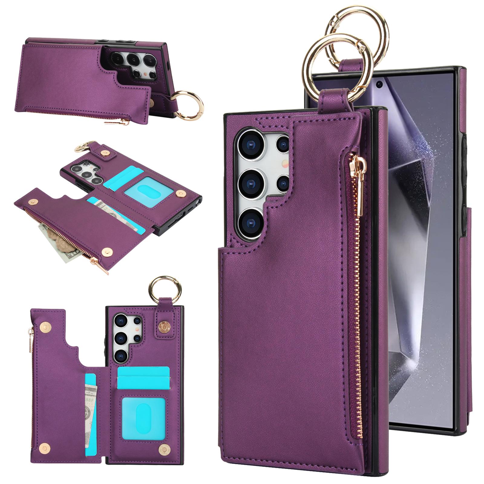 

Ring Holder Zipper Cards Solt Leather Wallet Case For Samsung Galaxy S24 Ultra S23 Plus S22 S21 FE A55 A15 A35 A25 A14 A54 Bag For Samsung A73 темно-фіолетовий колір