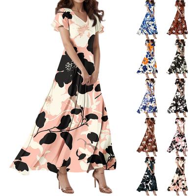 Vestido Casual de Mujer con Cuello en V, Manga Corta, Cintura Alta, Estampado Retro de Flores y Hojas
