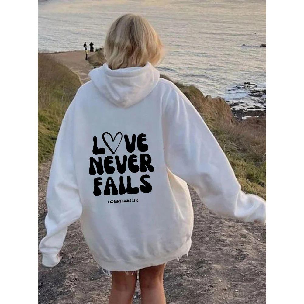 Women'S Shoulder Sleeve Fleece Sweater Plain Letter Print Kangaroo Pocket Drawstring Print Hoodie