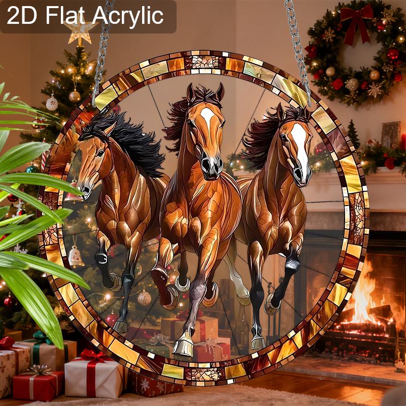 Acrylic Three Horses Christmas Suncatcher Stained Glass Effect Window Hanging Ornament Equestrian Holiday Gifts