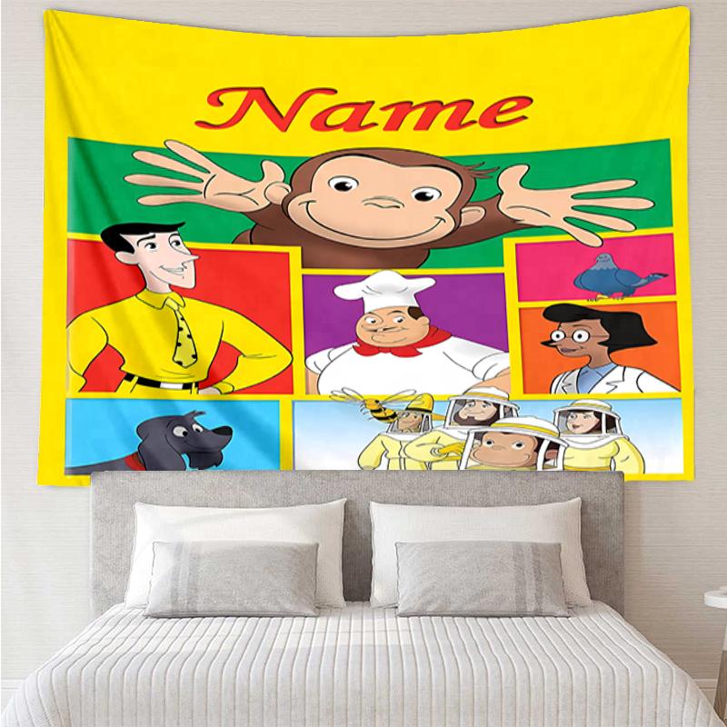 Custom Name Curious George Print Tapestry, Backdrop, Easy Setup, Ideal for Bedroom, Office & Living Room, with Aesthetic Wall Hanging Decor.