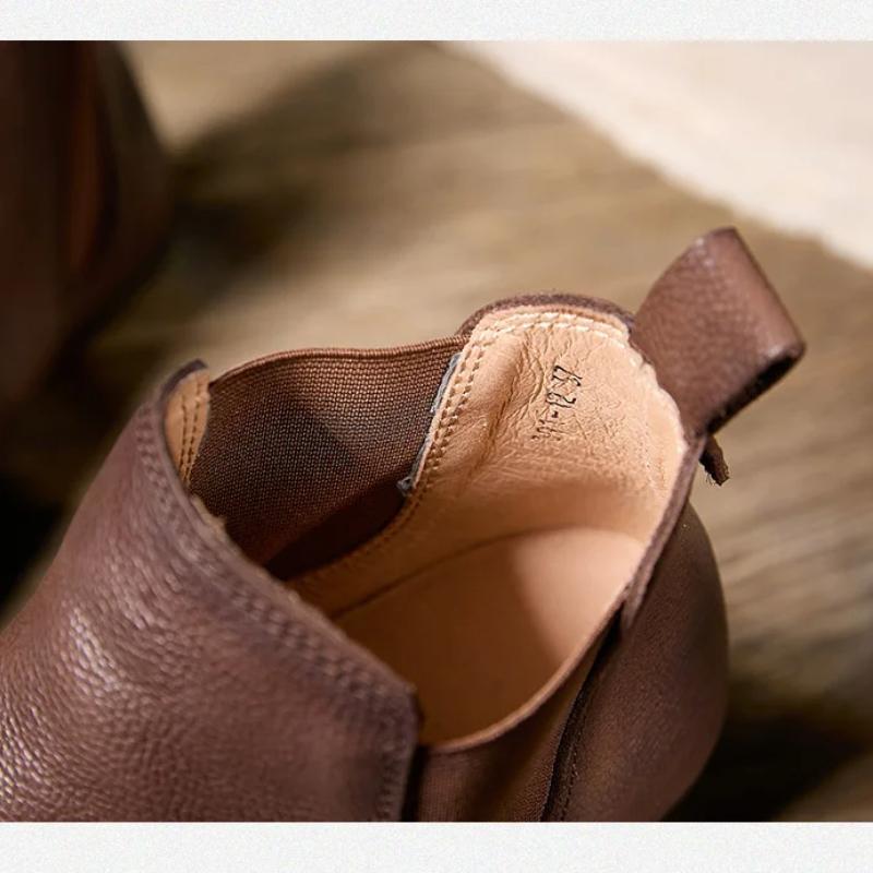 Johnature Solid Color Genuine Leather Flat Ankle Boots Round Toe Soft Soled Slip-on Women's Shoes