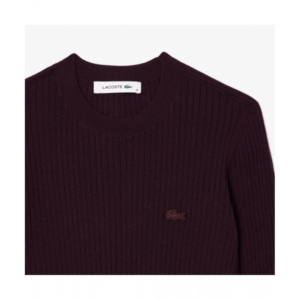 Lacoste Women S Slim Fit Ribbed Crewneck Sweater [dark Brown]