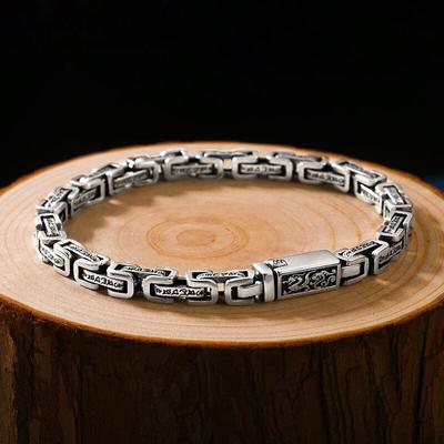 Dragon Pattern Six-Character Mantra Silver Bracelets Men Trend Retro Hipster Hip -Hop Personality Bracelet Jewelry