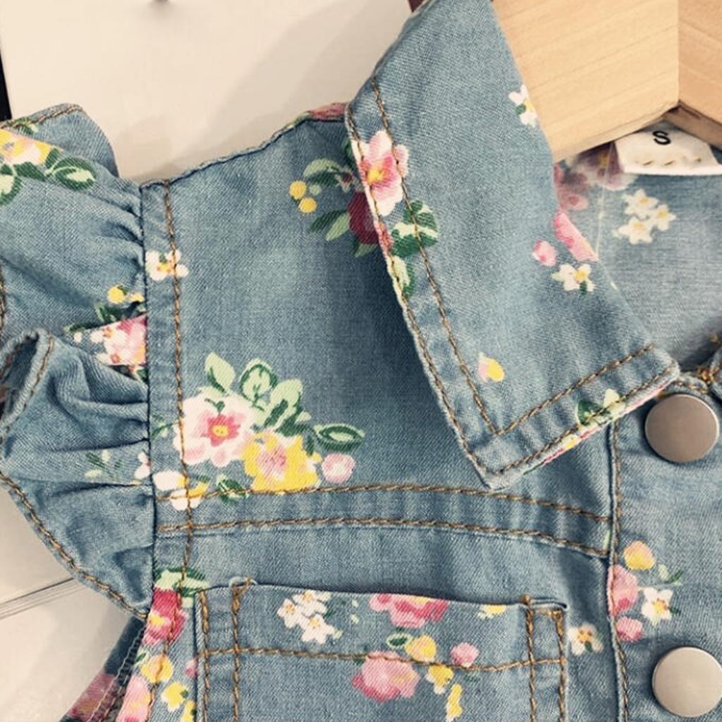 Children's Casual Denim Print Set Fashion Girls' Flared Sleeve Tops and Shorts Kids Floral Printed Two-piece Outfit