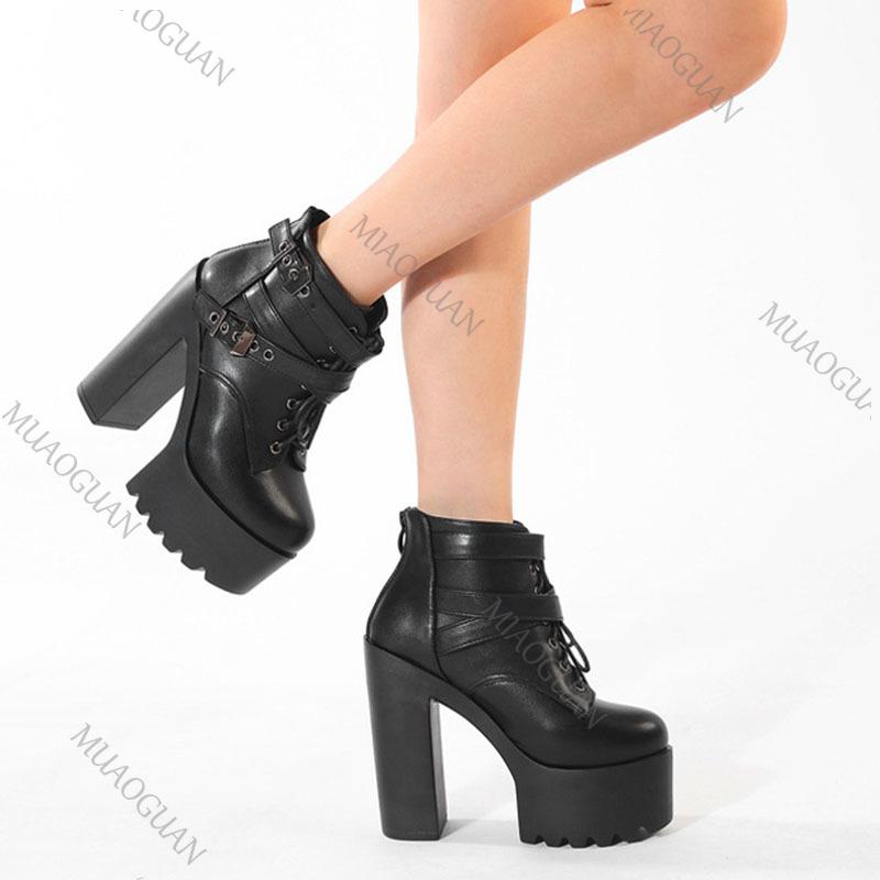 Fashion Gothic Boots Women's Solid Color High Heeled Buckle Strap Fashion Women Shoes Punk Style Thick Bottom Retro Lace-up Ankle Boots