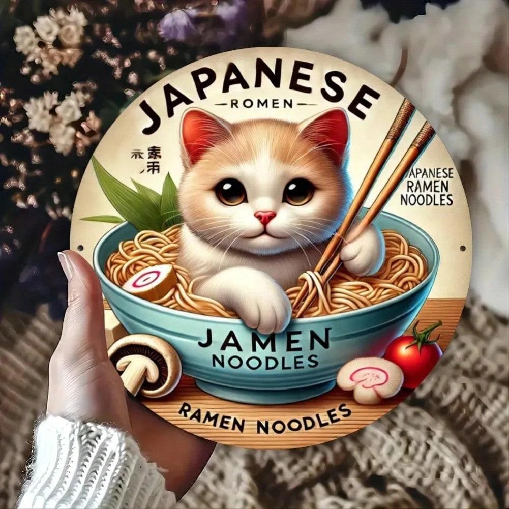Anime Cat Ramen Metal Wall Art Japanese Kitchen Decor 20x20