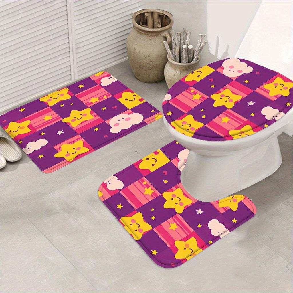 4pcs Cartoon Characters Shower Curtain Collection - 12 Hook Shower Curtain with Rug Toilet Mat and U-Mat - Complete Bathroo