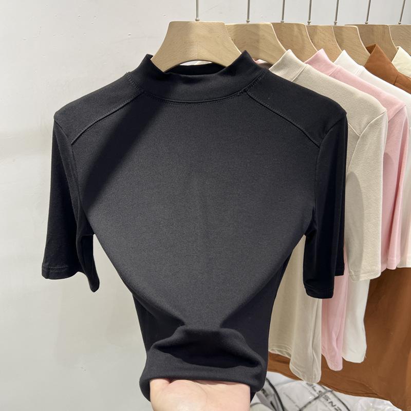 

Розовая рубашка-основа с полувысоким воротом для женщин на весну и лето, новая модная и стильная нижняя одежда, футболка с рукавом пять четвертей, облегающая рубашка XL чёрный