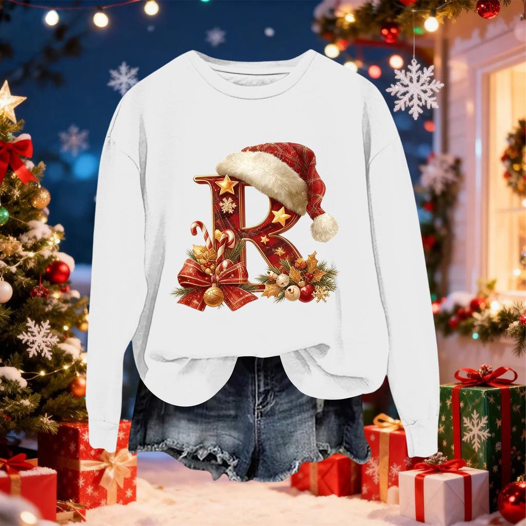 Damen Modisches Lässiges Langarm-Weihnachts-Sweatshirt mit Buchstaben-Print und Rundhalsausschnitt