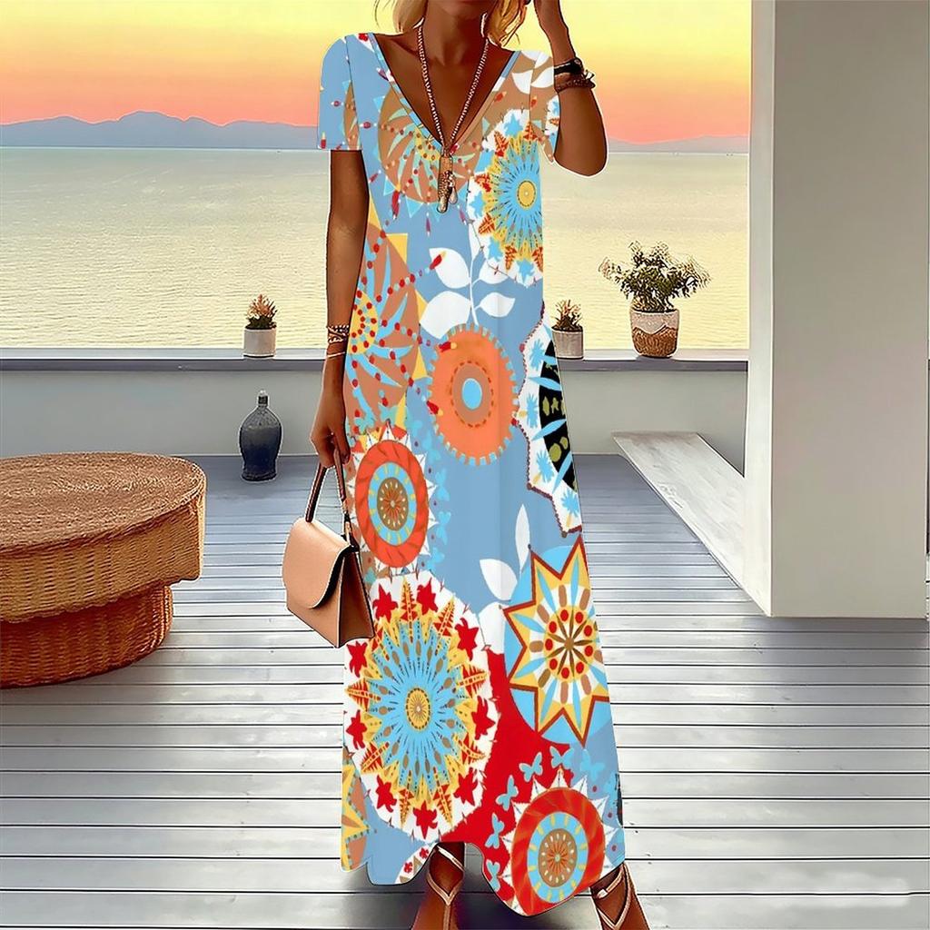 Women Plus Size Short Sleeve V Neck Maxi Dress Coral Diagonal Leopard Splicing Print Loose Summer Beach Long Dress