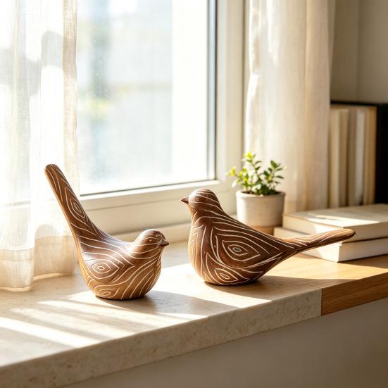 Natural Style Bird Table Decor Resin Ornaments, Retro Wood Color Figurine, Handmade Carved Artistic Sculptures Decorative Statue for Country Farmhouse