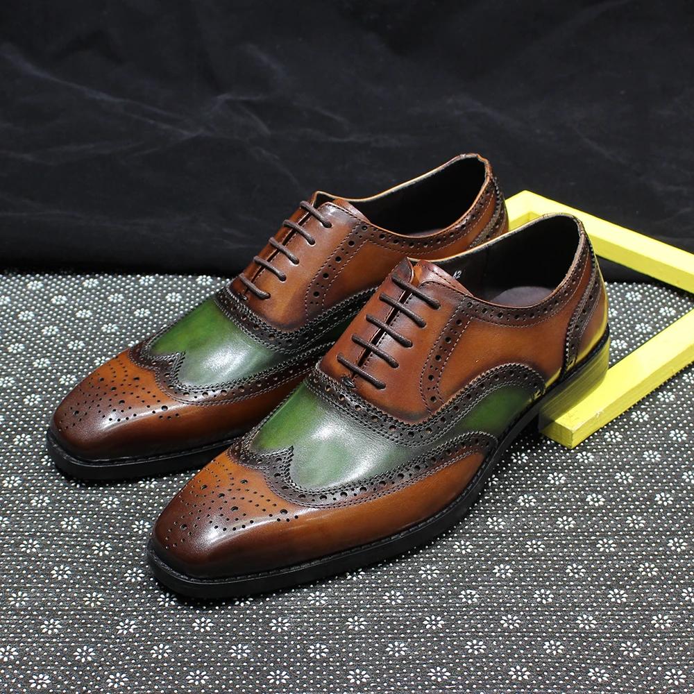 Fashion Men's Luxury Genuine Leather Oxfords Classic Wingtip Lace-Up Dress Shoes for Wedding Party Business Office Formal Wear
