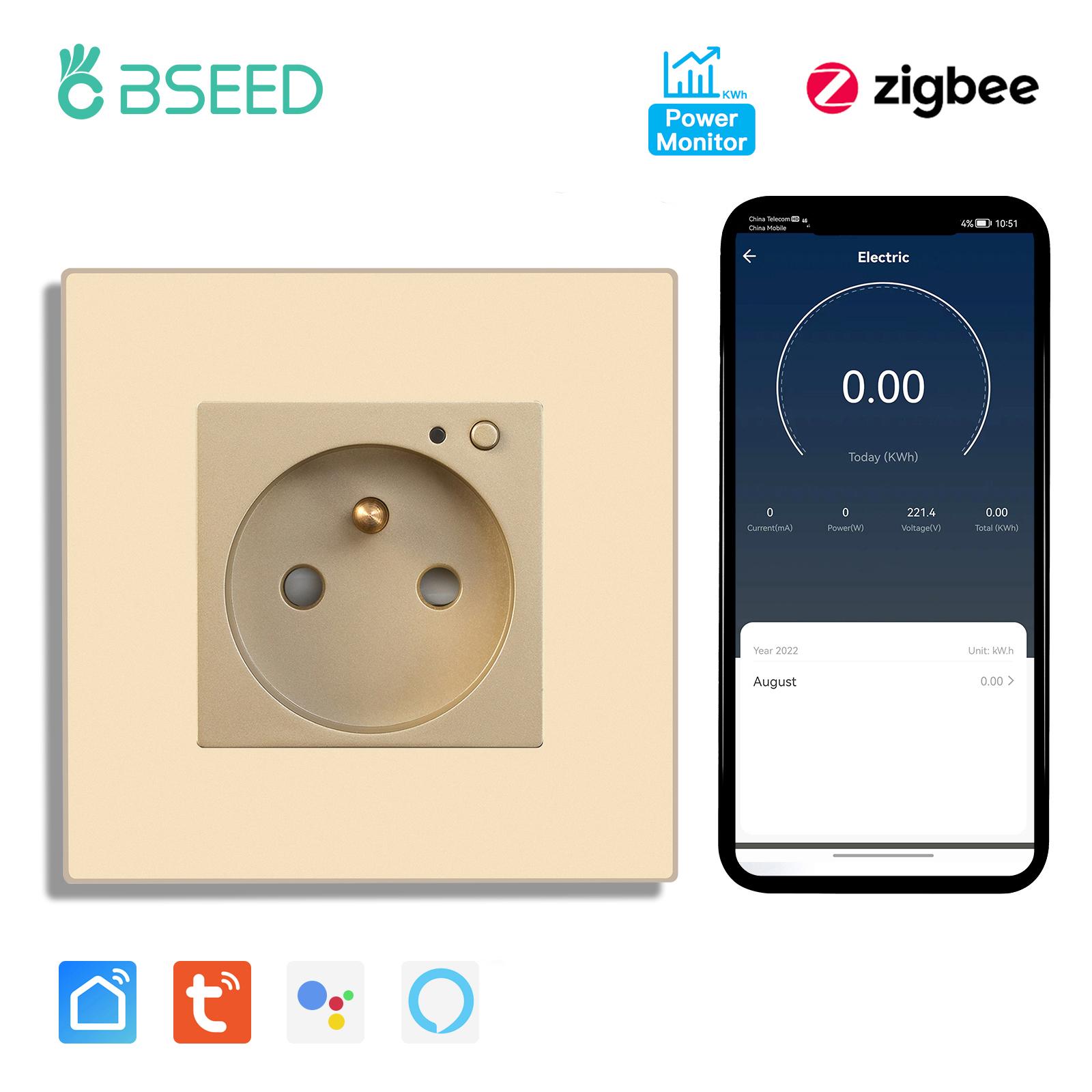 

BSEED Zigbee French Smart Socket Doubel Wall Sockets Power Monitor Outlets Tuya Smart Life Alexa App Control Plastic Panel 16A fr