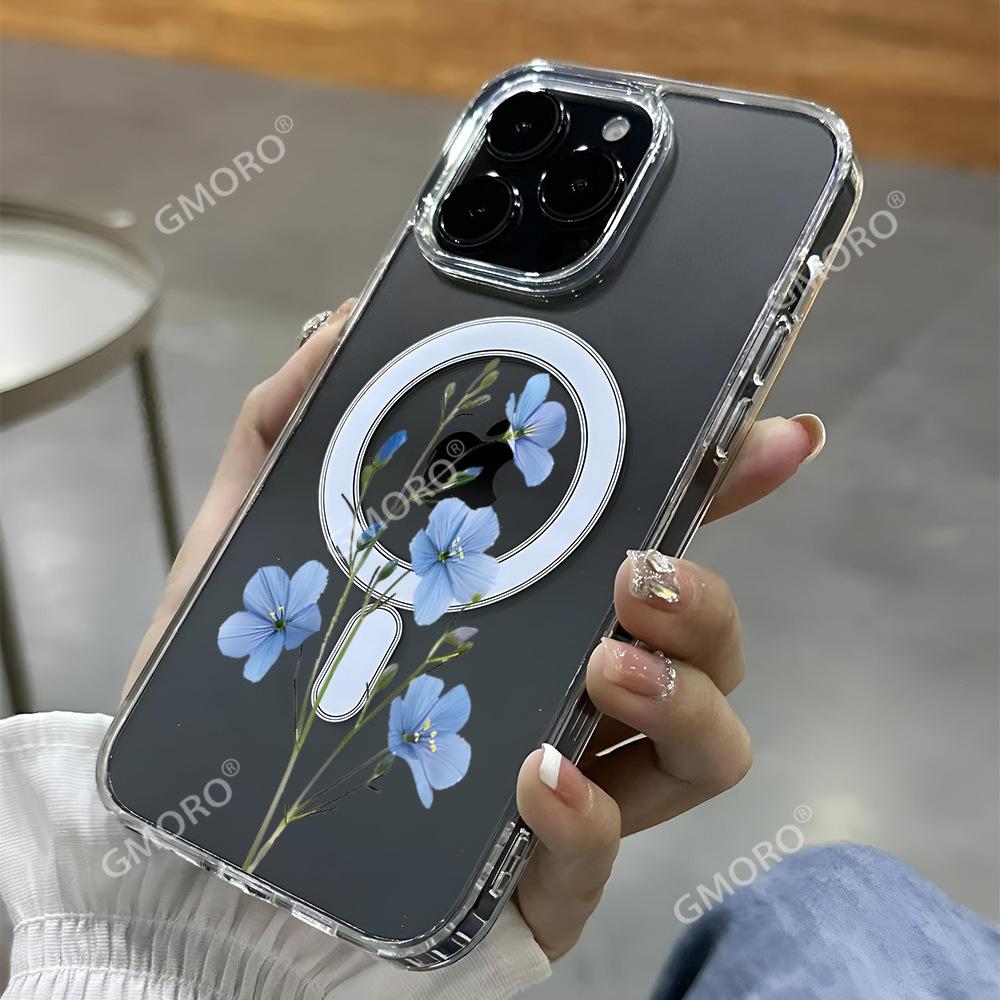 TK station popular blue linen flower is suitable for Apple 17pro small fresh mobile phone case 16 magnetic transparent protective case