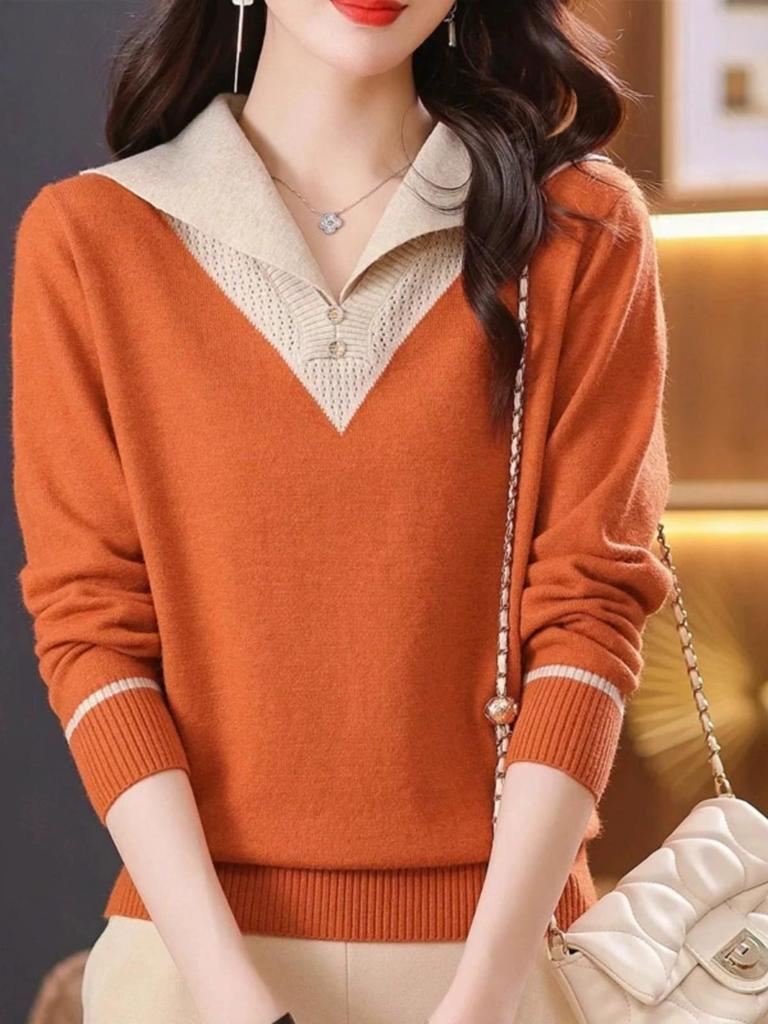 Nový stylový pletený svetr v barevných blocích - Dámský úzký top podzimní/zimní móda