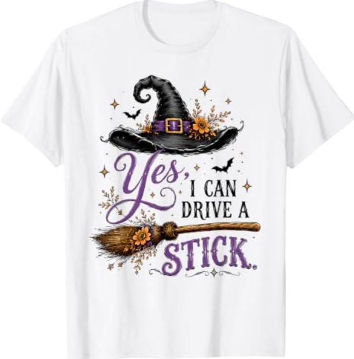 Yes I Can Drive A Stick Floral Witch Hat Broom Halloween T-Shirt