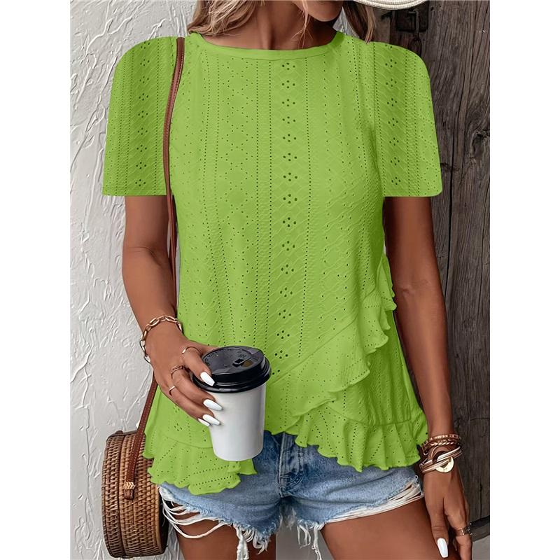 Women's Casual Hollow Out Ruffle Hem T-Shirt - Short Sleeve Round Neck Solid Color Top