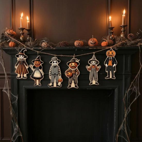 Retro Style Holiday Accents 6Pcs Halloween Wooden Ornaments, Pumpkin Head Skeleton Character Hanging Decor with Indoor Outdoor Ornaments Rope, Pendant