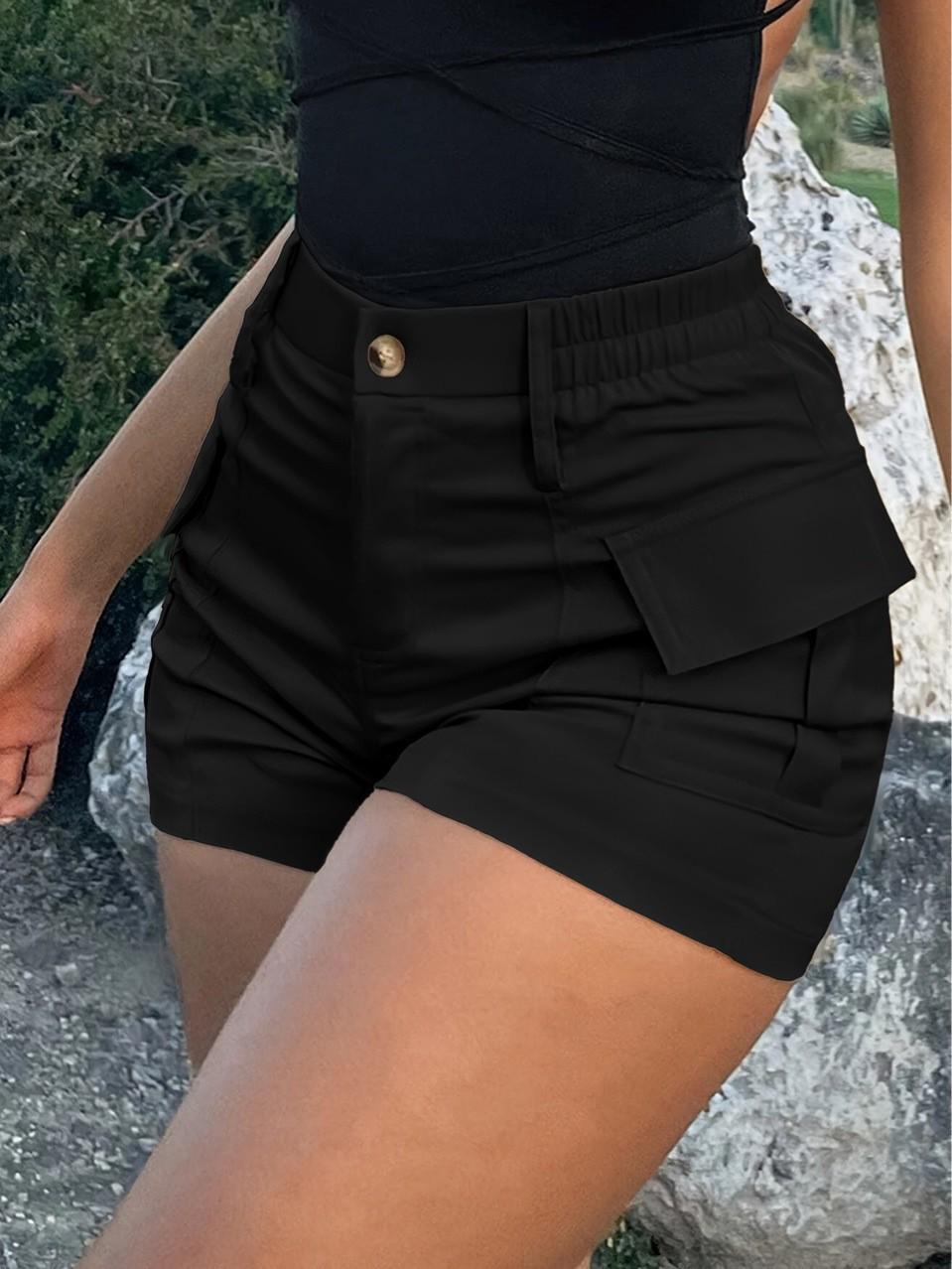 

2026 High-Waisted Button Street Pocket Cargo Shorts for Women L чёрный