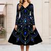 Women Plus Size V Neck Long Sleeve Printed Pastel Galaxy Tie Waist A Line Flared Dress