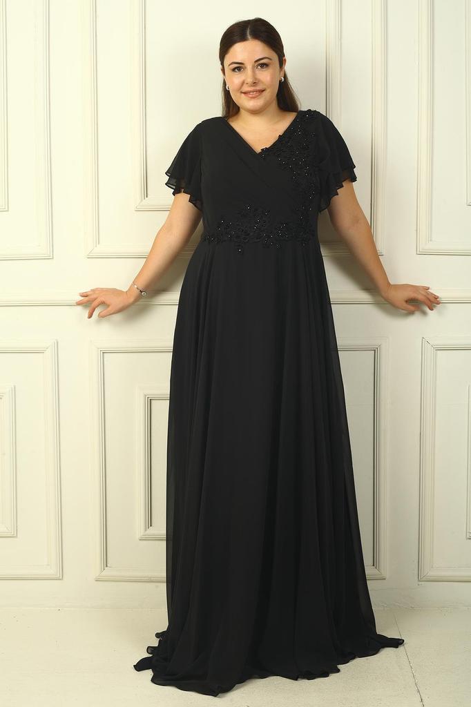 Langes Chiffonkleid für Damen mit V-Ausschnitt vorne und hinten, drapiert, mit Perlen bestickt, gefüttert, Übergröße