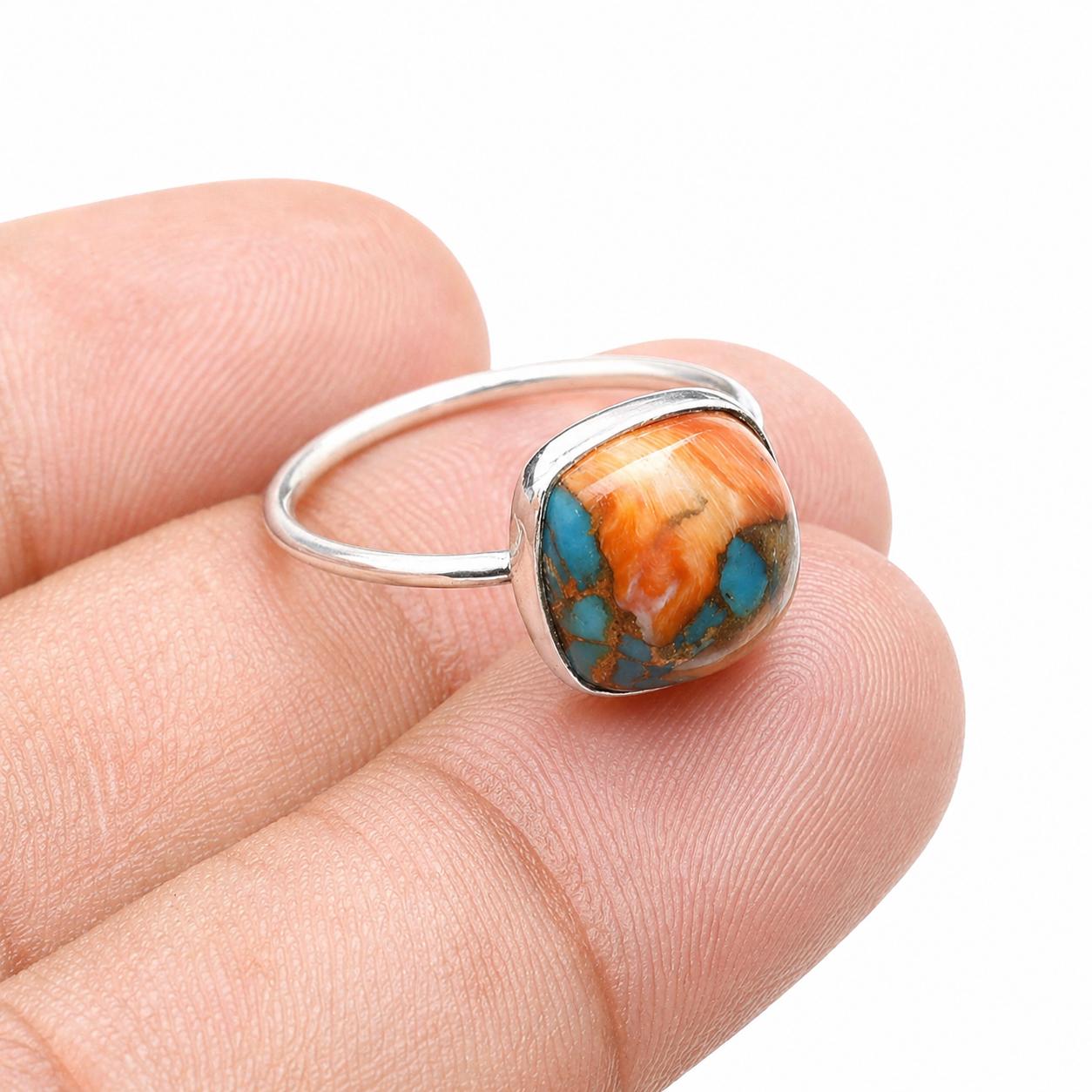 

Spiny Oyster Turquoise Ring 925 Sterling Silver, Orange Blue Oyster Turquoise Gemstone Ring, Handmade Boho Jewelry, Unique Statement Ring 4