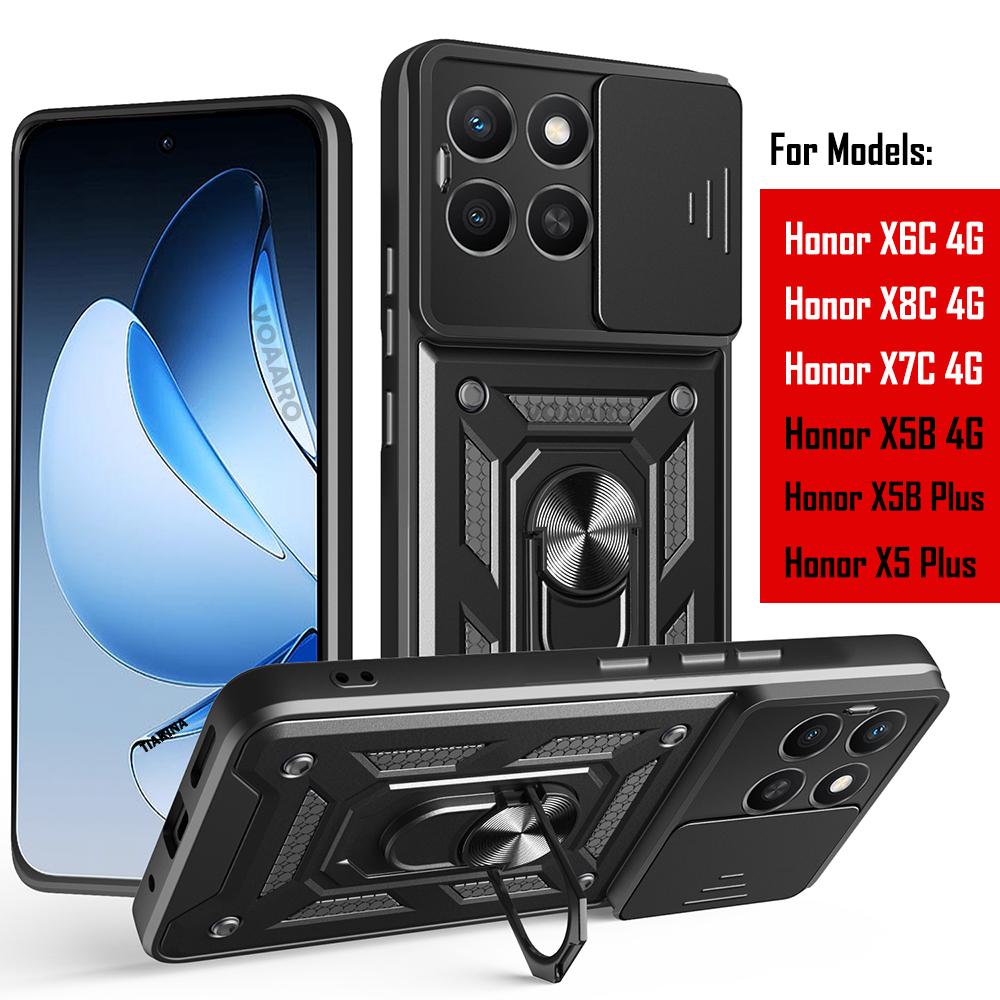 Slide Lens Armor Funda for Honor X6C 4G Case for Honor X8C X7C X5B X5 Plus Case Magnetic Ring Stand Holder Shockproof Cover