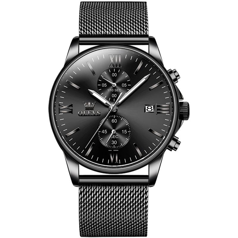 OLEVS Black Steel Mesh Belt Quartz Watch Men Ultra Thin Chronograph Luxury Brand Waterproof Male Watches Relogios Masculinos