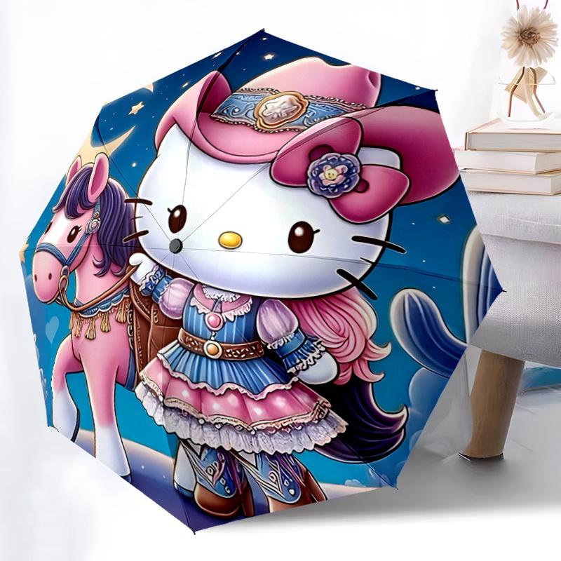 

1pc Cowgirl Hello Kitty Western Cowboy Hat with Pink Flower Decoration Automatic Opening/Closing Umbrella, 8-Bone Iron Frame, Outdoor, Gift for Fans,