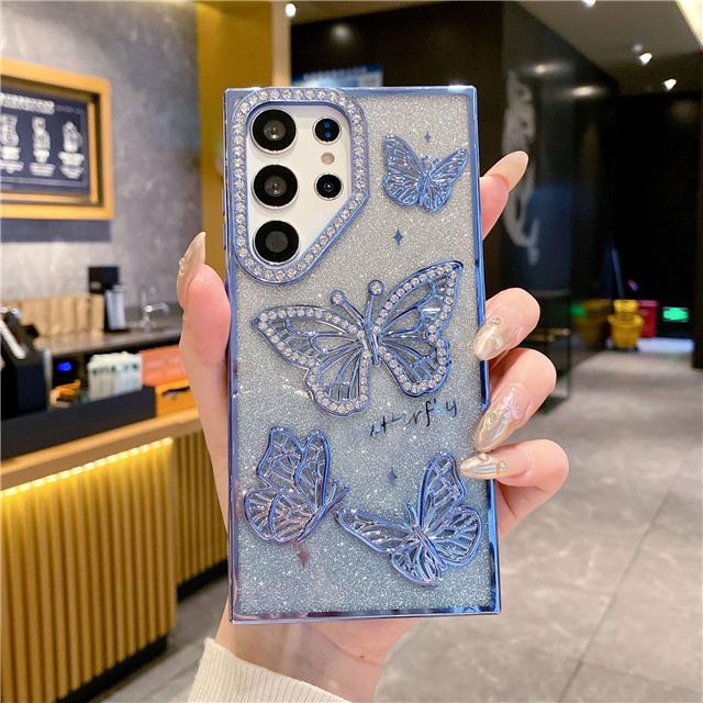 For Samsung Galaxy S25 Ultra Luxury Glitter Rhinestone Butterfly Plating Frame For Samsung S23 FE S24 S25 Plus Protective Cover