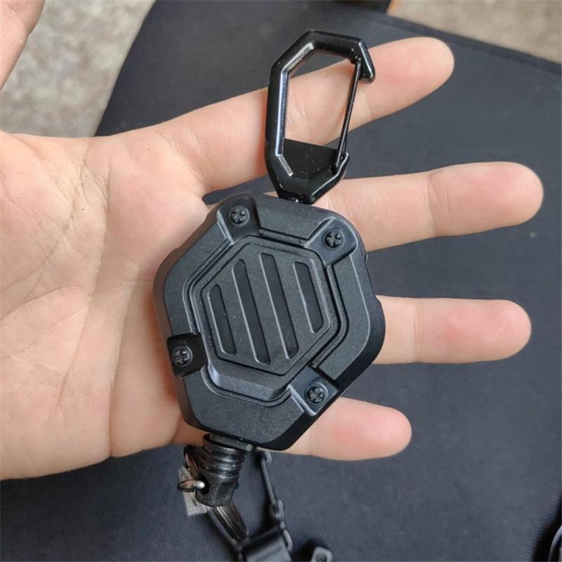 1Set Black Retractable Keychain Heavy Duty Carabiner Easy-Pull Buckle Wire Rope Badge Holder Edc Tool
