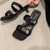 Small Lock Buckle Flip Slippers Women Summer New Versatile Square Toe Open Toe Metal Buckle Middle Heel Cool Mopping
