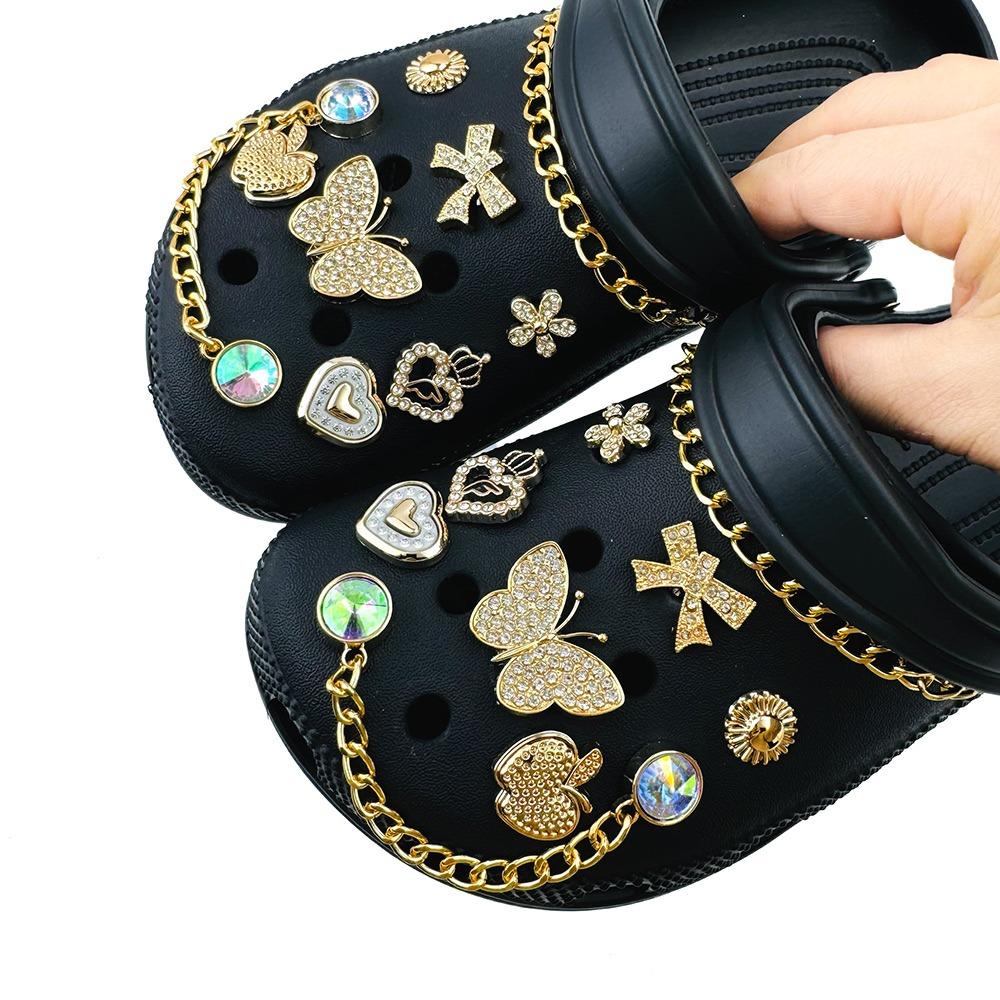 18PCS Summer Luxury Shoe Charms Set Accessories for Clogs Shoe Buckle Golden Chain Diamond Butterfly Flower DIY Shoes Decoration