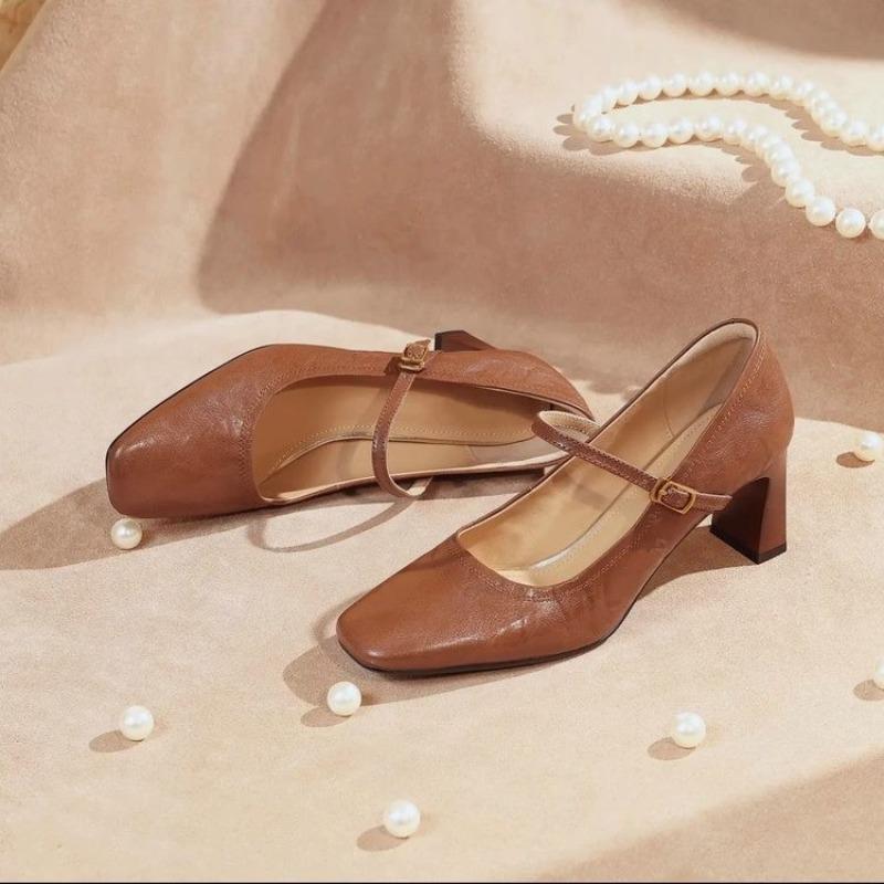 

Fashion Marie Janes High Heels Shoes Women Square Toe Sandals 2025 Summer Shallow Elegant Dress Soft Leather Shoes Trend Pumps Mujer 39 коричневый