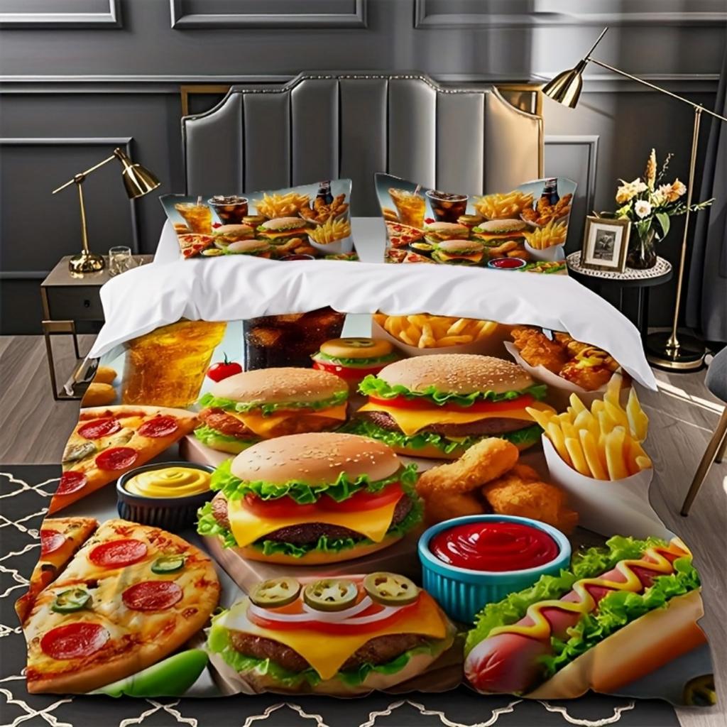 Hamburger Fried Chicken Fast Food Digital Printed Bedding Set Sofy Cozy Duvet Cover King Queen Twin Single Size Bithday Gift