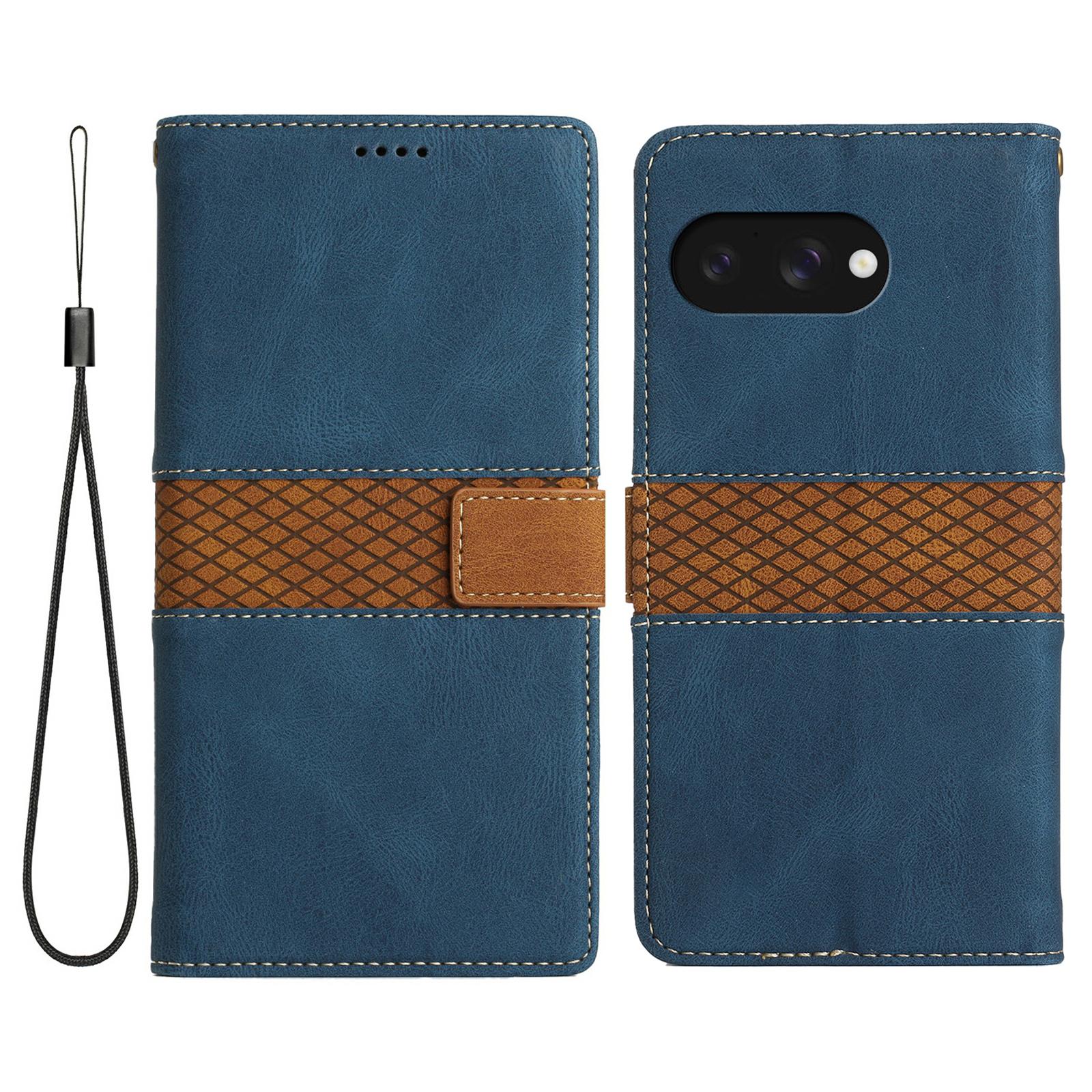 

For Google Pixel 9a Leather Case Grid Splicing Stand Wallet Phone Cover Blue
