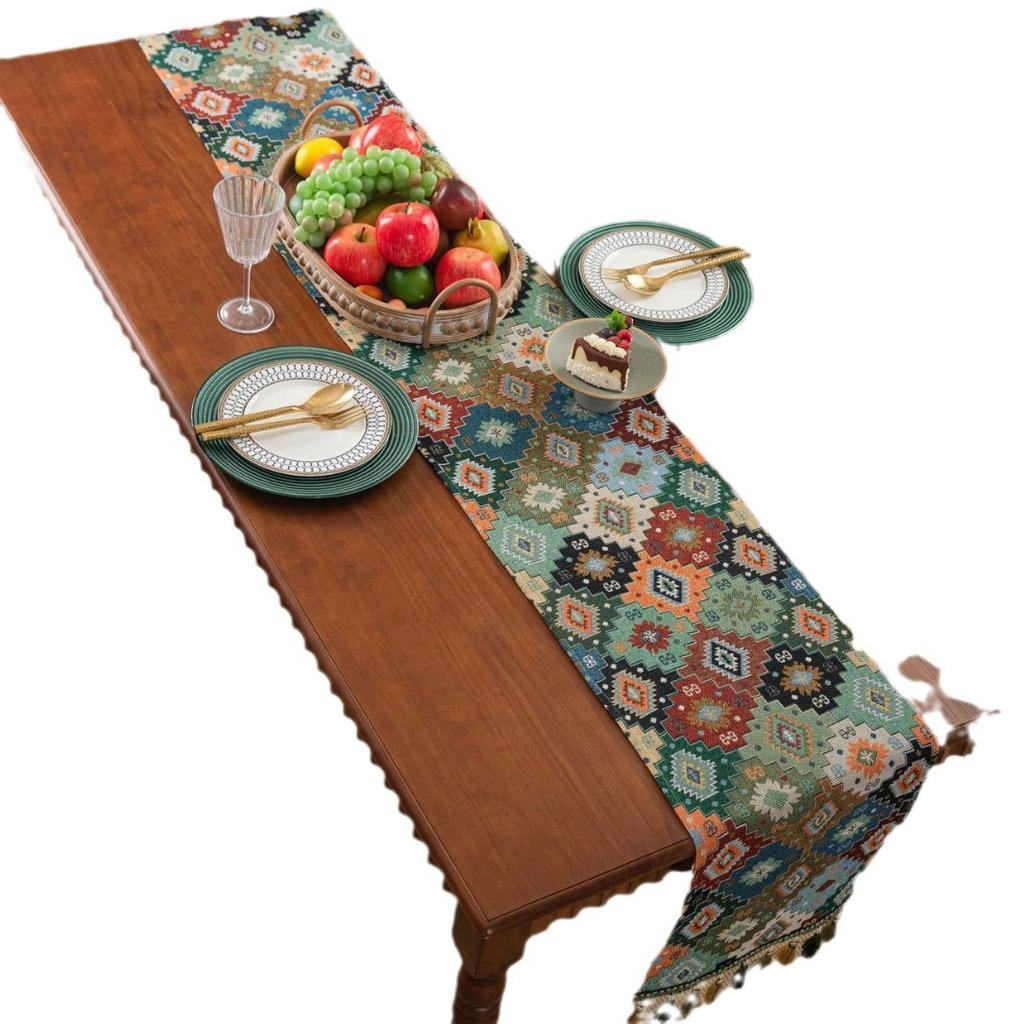 Table Runner Vintage Colored Jacquard Diamond Shaped Geometric Tassel Tea Flag Dining Flag Long Strip Thickened