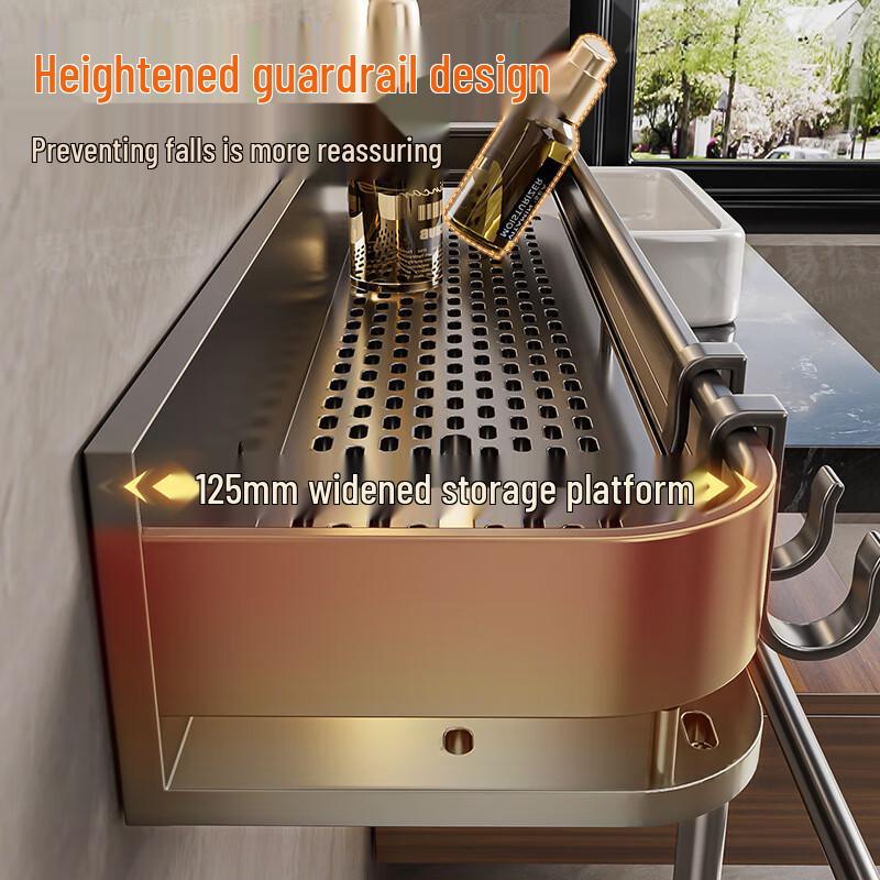 Punch-Free Bathroom Shelf with Towel Bar & Hooks