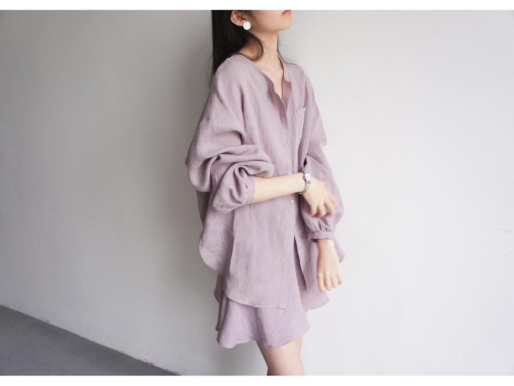 High-End Grayish Purple Linen Long-Sleeve Shirt & Culottes Set
