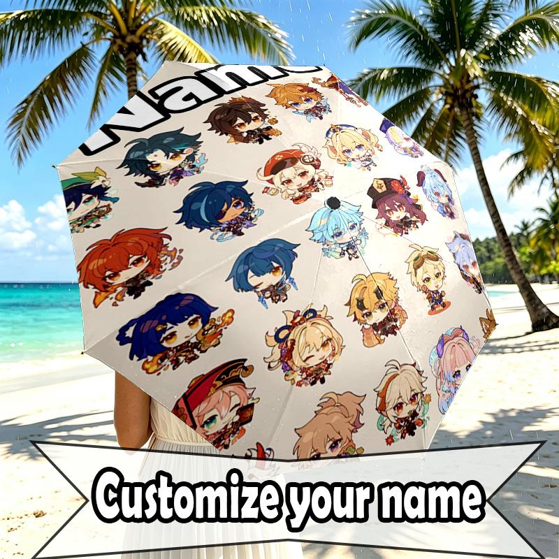 Custom Name Personalized Genshin Impact Print Umbrella, Auto Open Close, 8‑Rib Sturdy Frame, Commute Camping Hiking Use, Birthday Gift