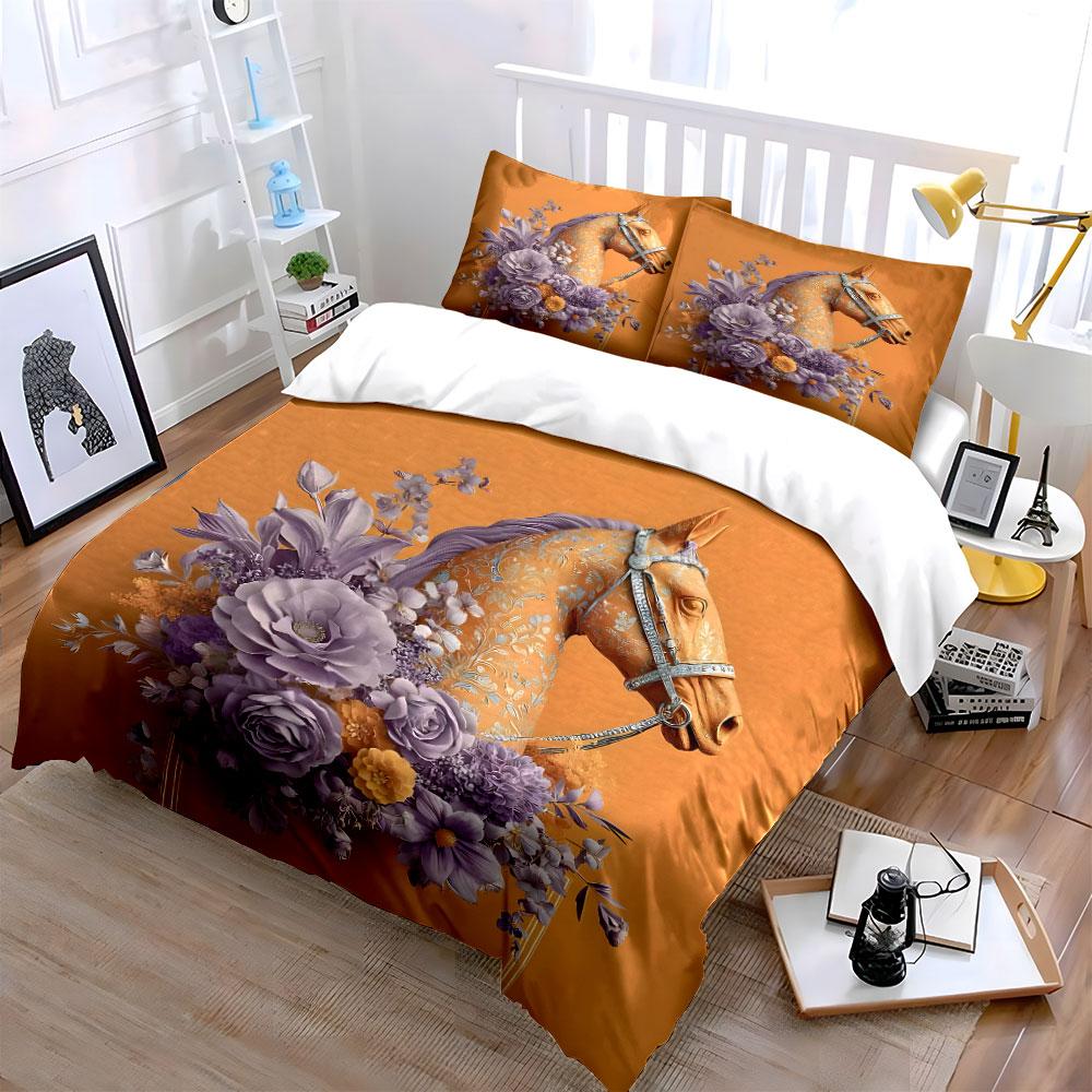 Elegant Horse with Floral Design Bedding Duvet Cover Set  (1*Duvet Cover 2*Pillowcases, without duvet insert)