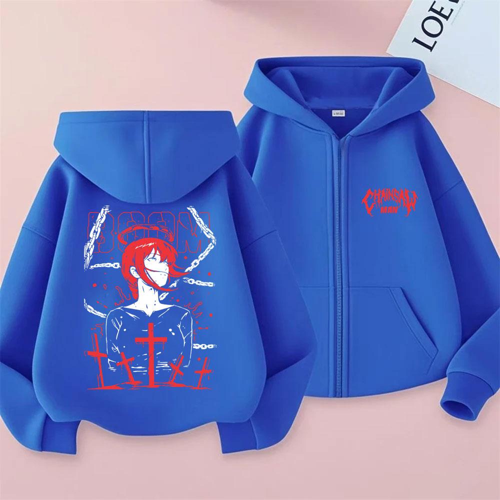 Anime Chainsaw Man Makima Graficzna Bluza z Kapturem na Zamek Męska Damska Moda Vintage Oversize Rozpinana Kurtka Unisex Dla Miłośników Mangi Fanów Prezent