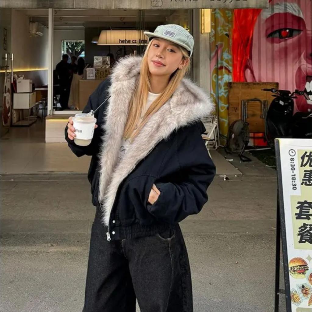 American Retro Fur Collar Hooded Jacket Women Y2K Streetwear Winter New Velvet Thickened Warm Harajuku Loose Casual Jacket