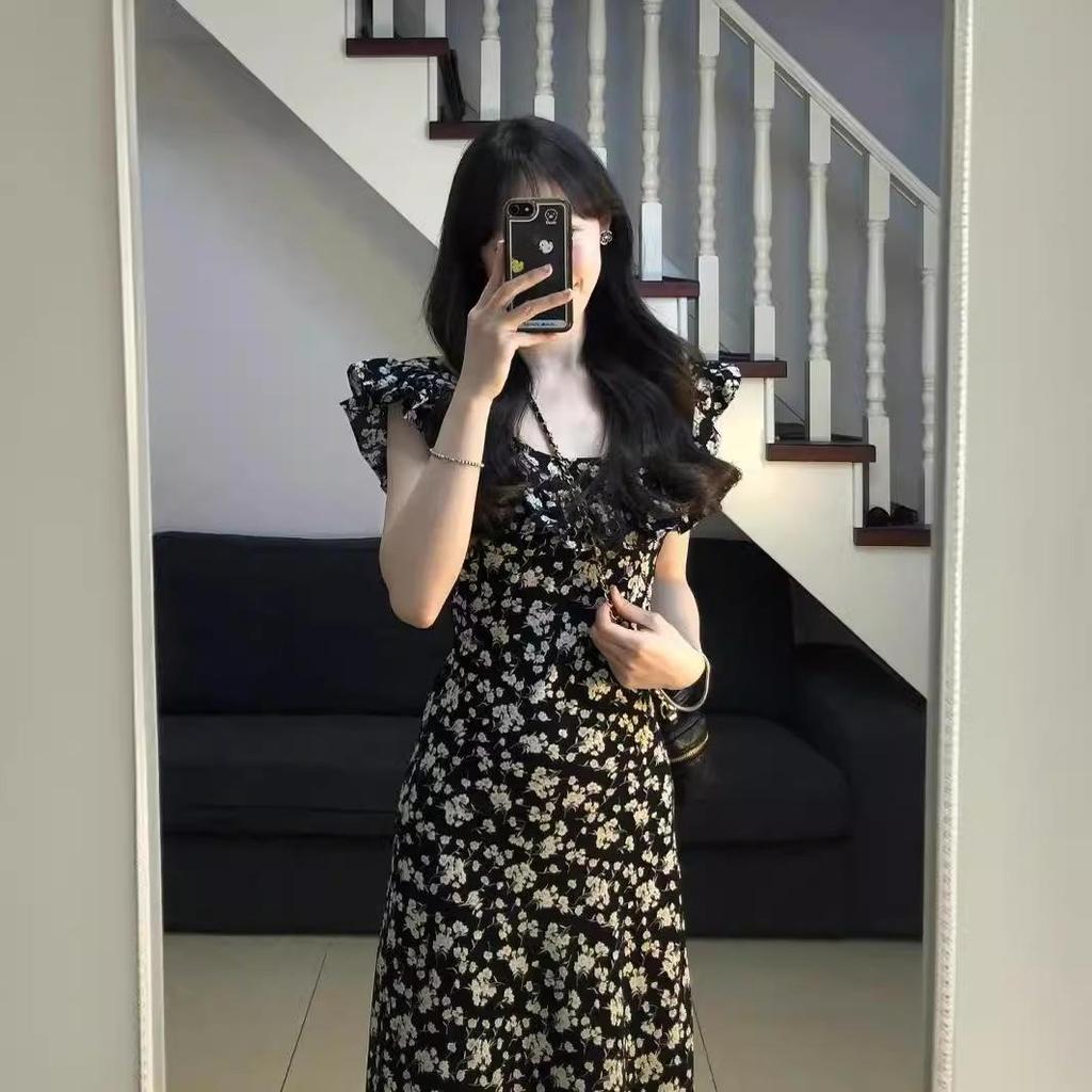 2025 Summer French Black Floral Waist-Slimming Long Dress for Women