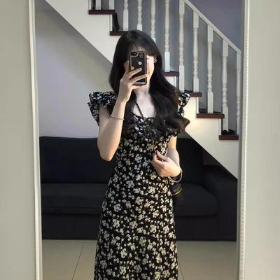 Vestido Largo Floral Negro de Verano 2025 para Mujer que Estiliza la Cintura