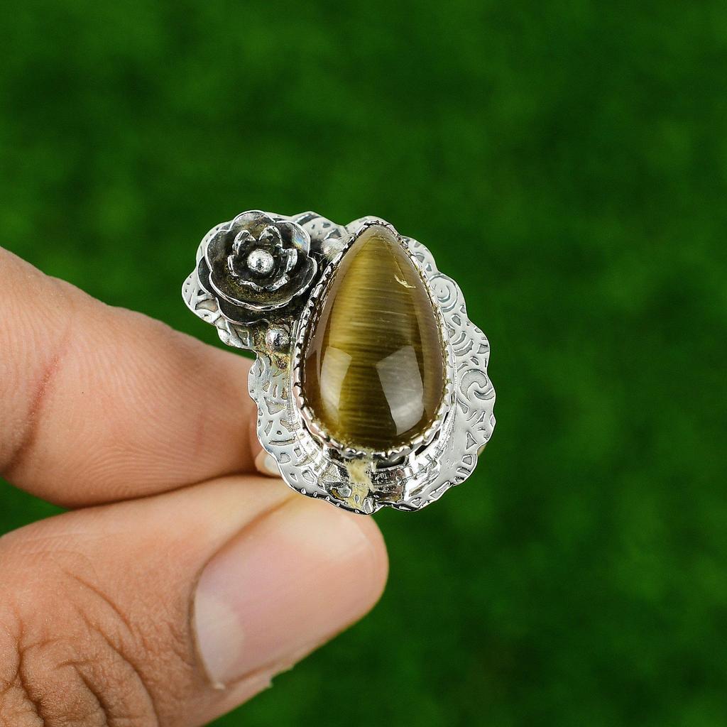 Pear Natural Cat's Eye Sterling Silver Stackable Statement Flower Birthday Ring